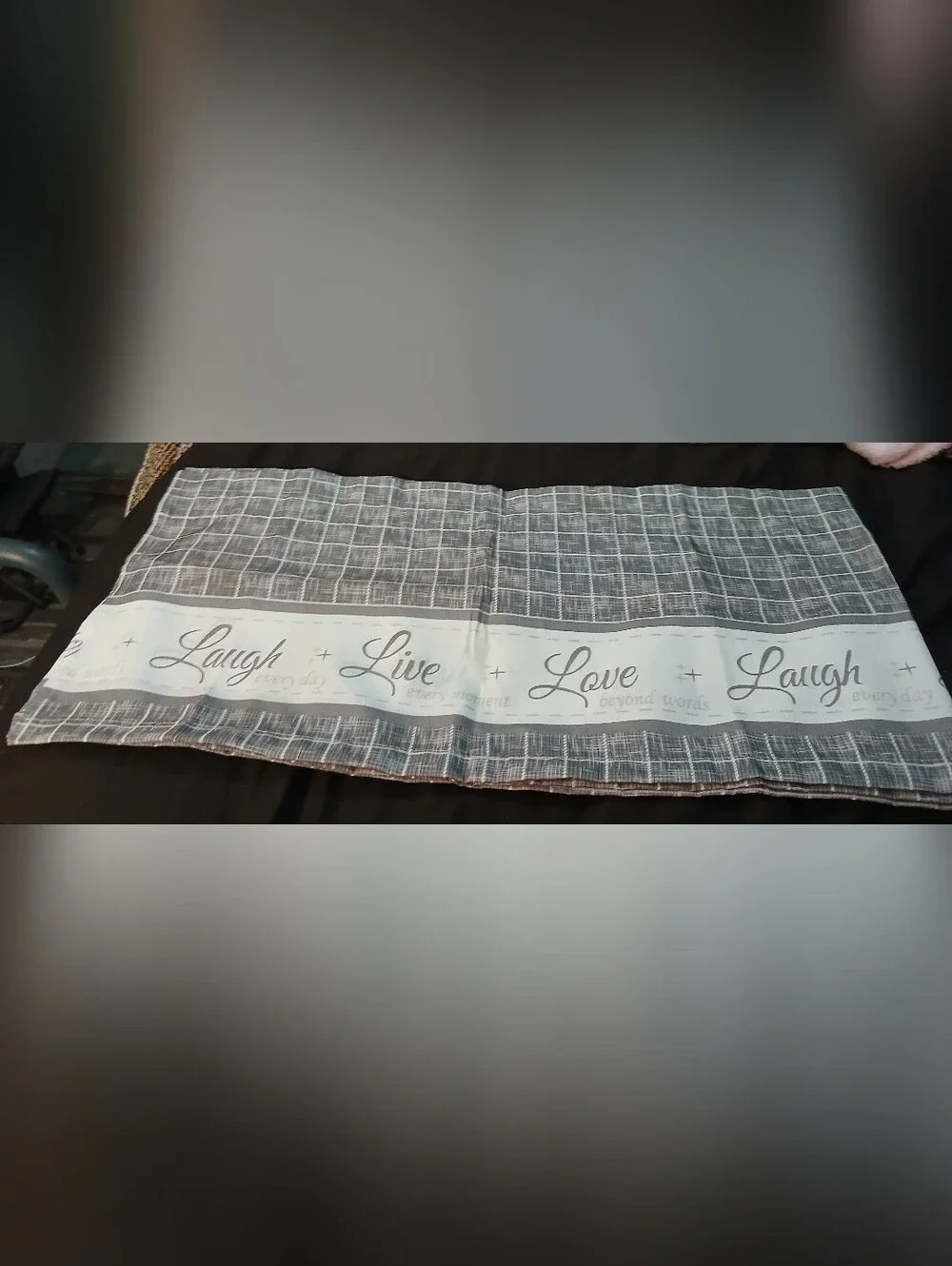 NWOT Gray and White 'Laugh Live Love' Decorative Kitchen Window Cutains.